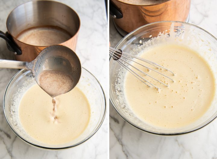 two photos showing How to Make Eggnog - tempering the eggs