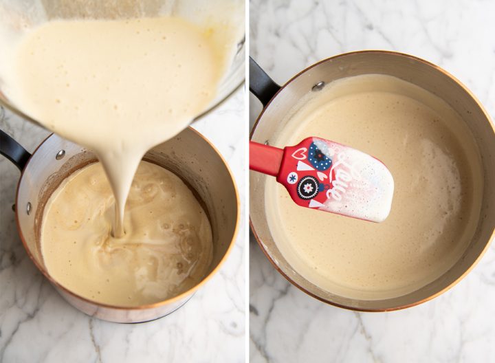 two photos showing How to Make Eggnog - cooking the egg/cream mixture