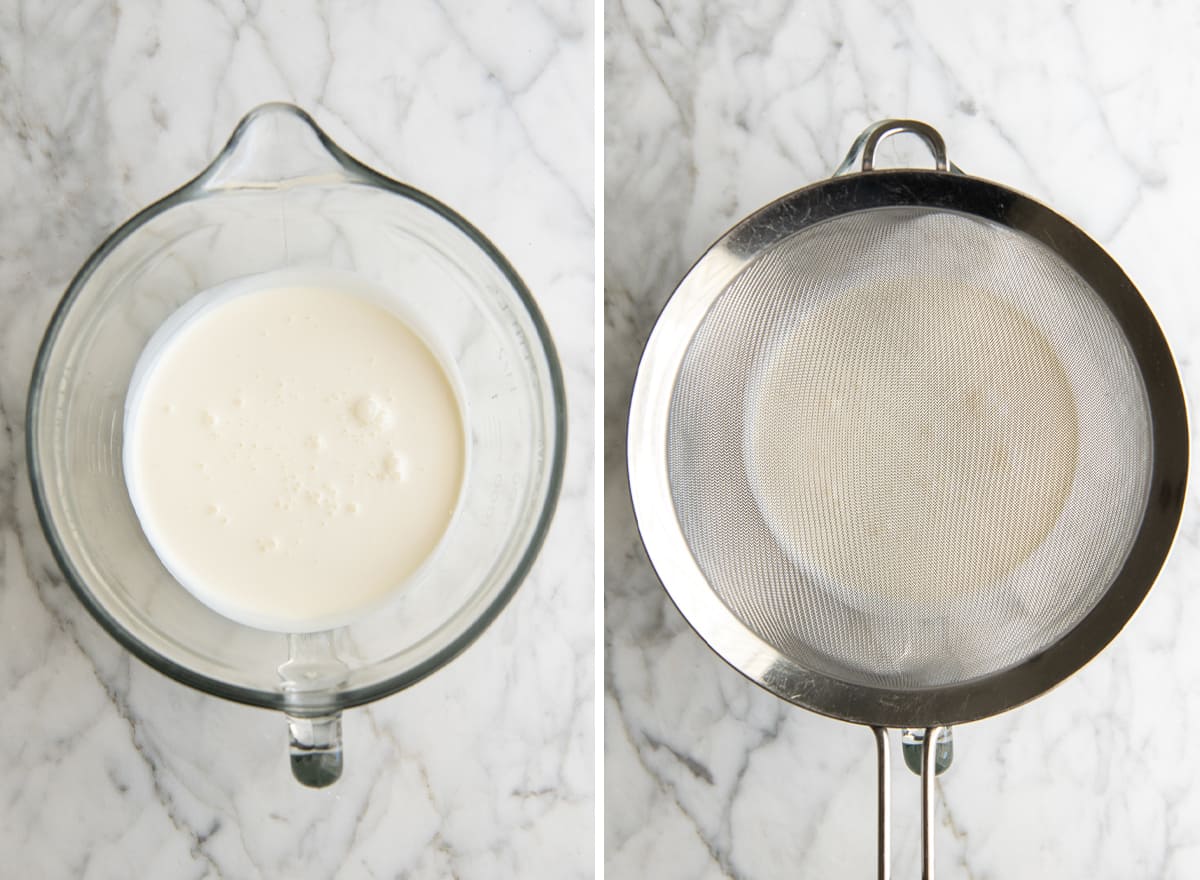 two photos showing How to Make Eggnog - straining the eggnog mixture through a metal strainer