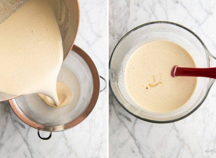 two photos showing How to Make Eggnog - straining mixture and adding vanilla