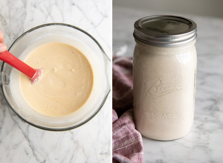 two photos showing How to Make Eggnog - storing in a glass jar to chill