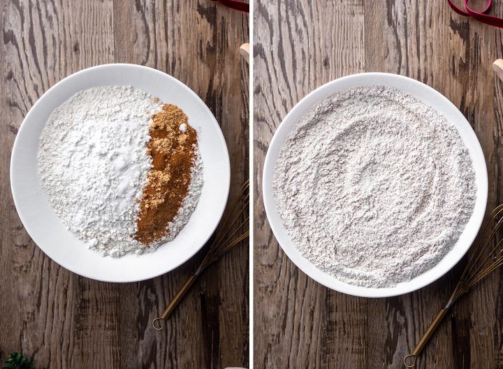 two photos showing How to Make Gingerbread Cookies - combining the dry ingredients