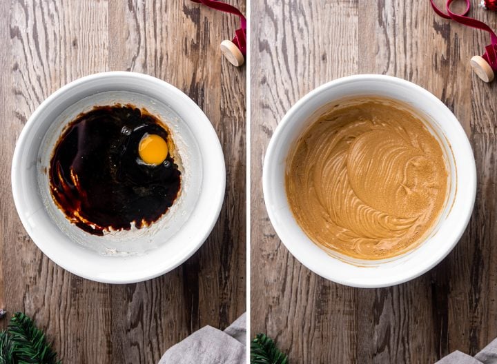 two photos showing How to Make Gingerbread Cookies - adding molasses and egg
