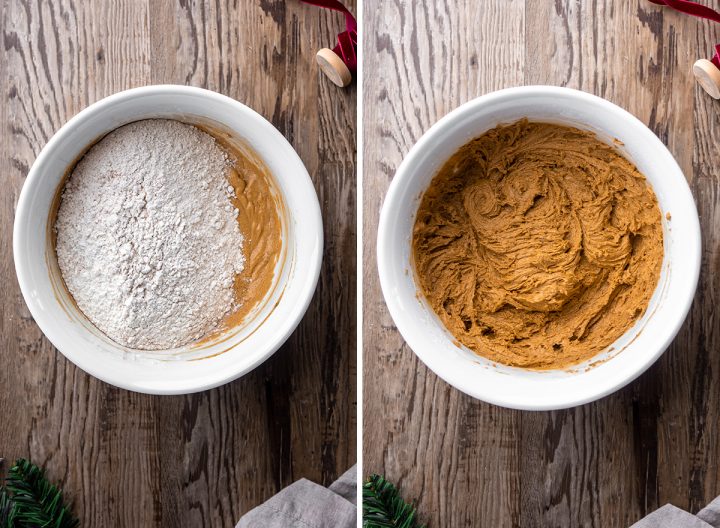 two photos showing How to Make Gingerbread Cookies - combining wet and dry ingredients