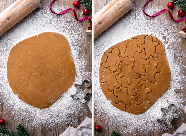 two photos showing How to Make Gingerbread Men - rolling out and cutting the dough