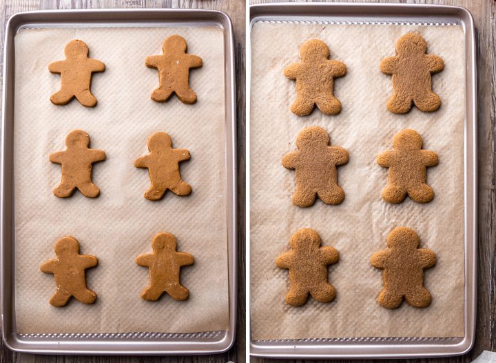 two photos showing How to Make Gingerbread Men - cookies on baking sheet before and after baking