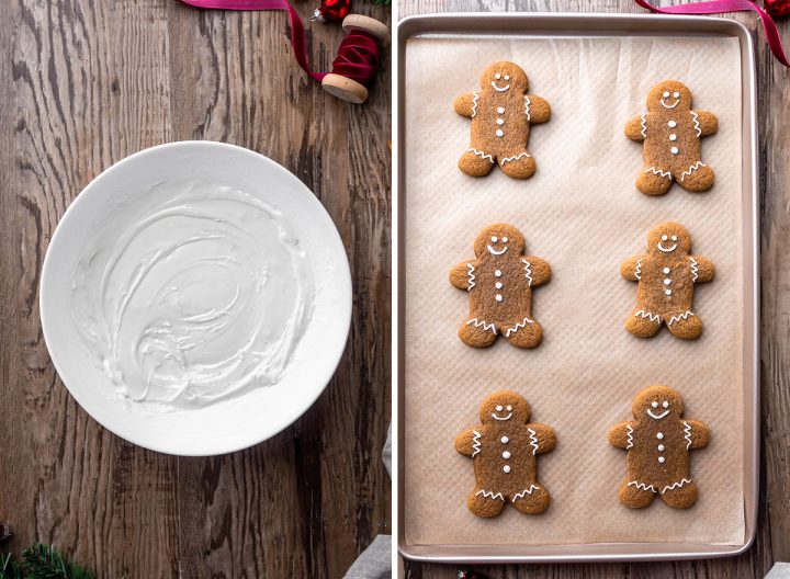 two photos showing How to Make Gingerbread Men - making the glaze and decorated gingerbread men