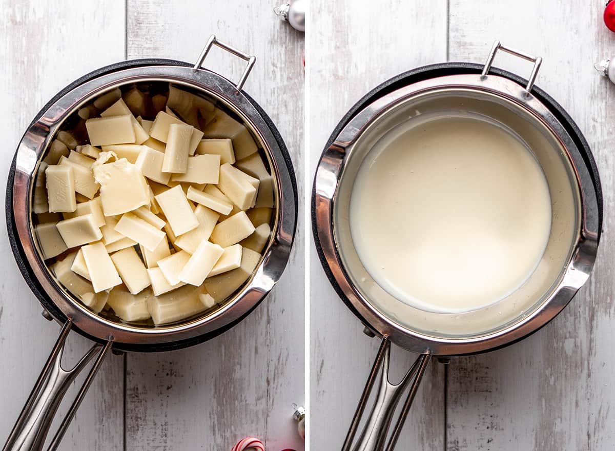 two photos showing How to Make Peppermint Bark - making the white chocolate layer