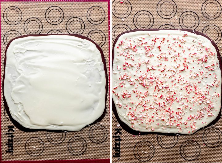 two photos showing how to assemble peppermint bark - spreading the white chocolate and adding the crushed peppermint candies