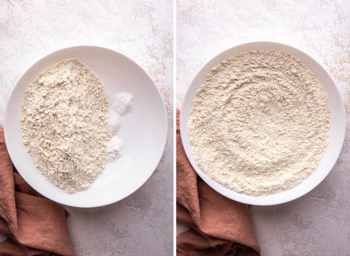 two photos showing How to Make Vanilla Cupcakes - combining the dry ingredients