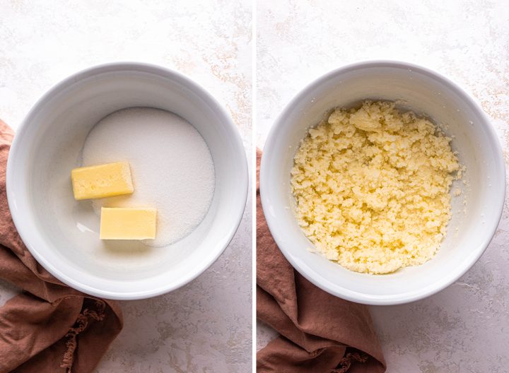 two photos showing How to Make Vanilla Cupcakes - beating together butter and sugar