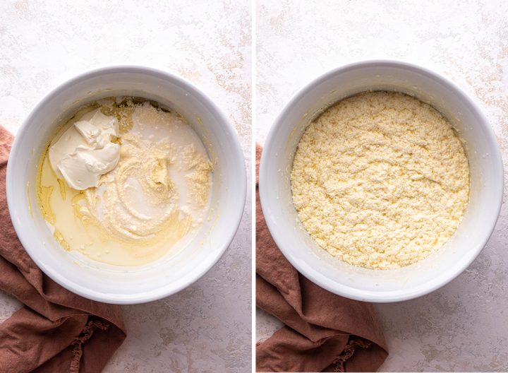 two photos showing How to Make Vanilla Cupcakes -  adding milk, oil and sour cream