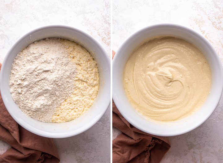 two photos showing How to Make Vanilla Cupcakes - combining wet and dry ingredients