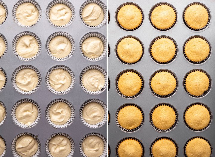 two photos showing How to Make Vanilla Cupcakes - in a muffin pan before and after baking