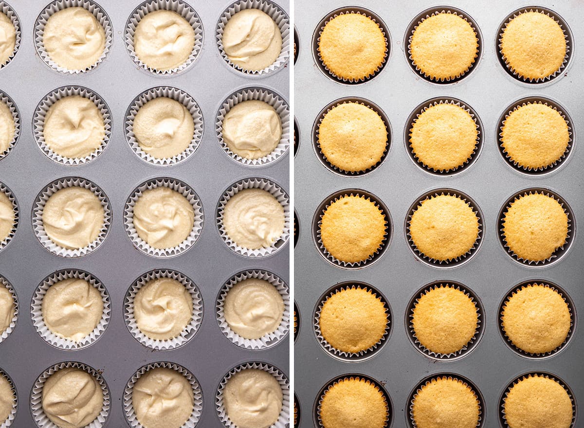 two photos showing How to Make Vanilla Cupcakes - in a muffin pan before and after baking
