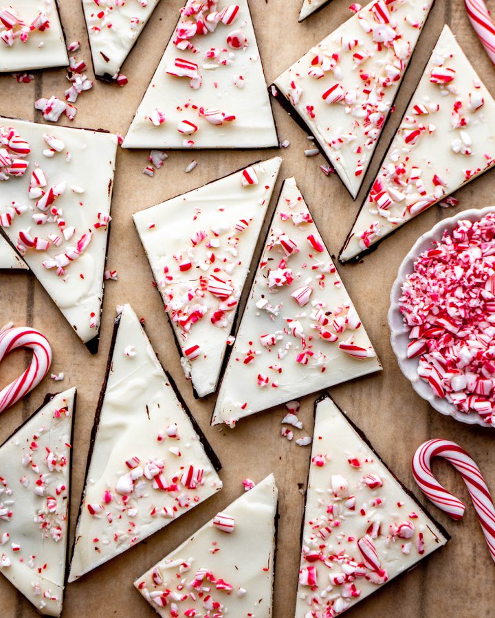 ten pieces of peppermint bark cut into triangles