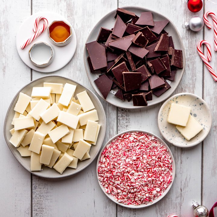 overhead view of the ingredients in this Peppermint Bark recipe