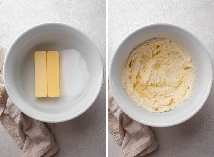 two photos showing how to make Thumbprint Cookies - beating butter and sugar