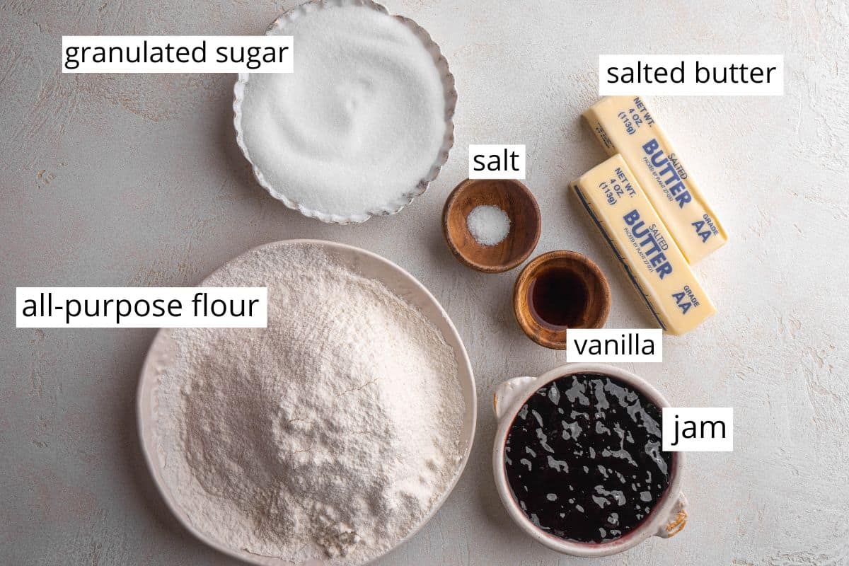 overhead view of the labeled ingredients int his Thumbprint Cookies recipe