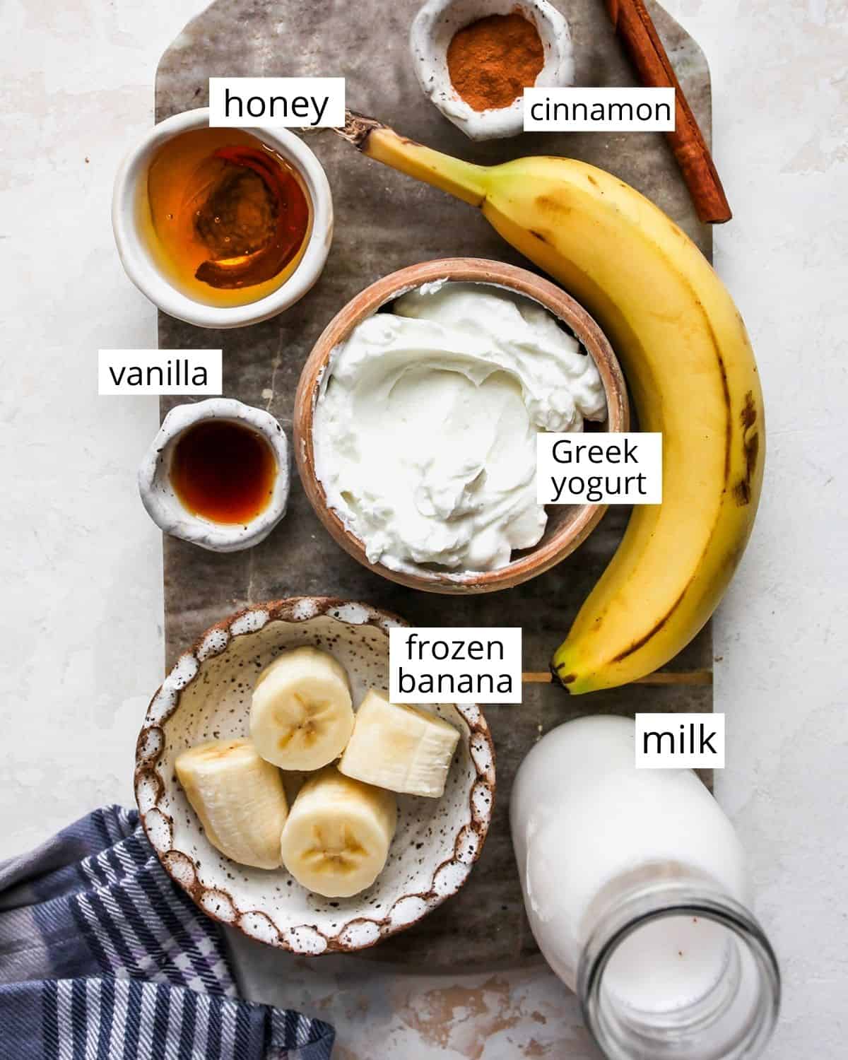 overhead view of the ingredients in this Banana Smoothie recipe