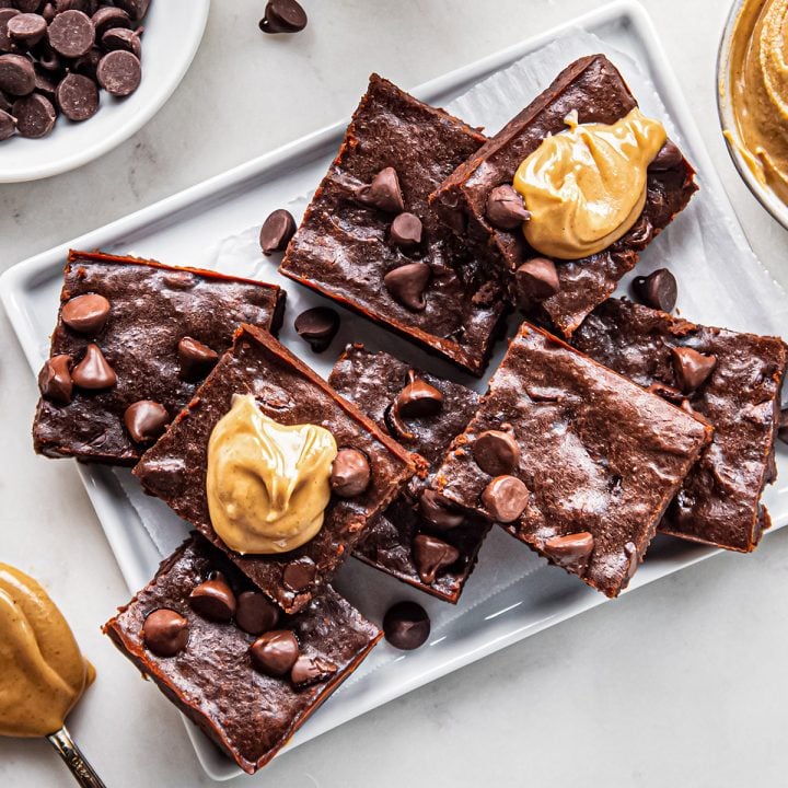 a plate of 8 Healthy Chocolate Peanut Butter Brownies
