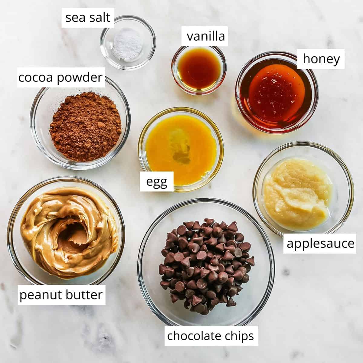 overhead photo of the ingredients in this Healthy Chocolate Peanut Butter Brownies recipe