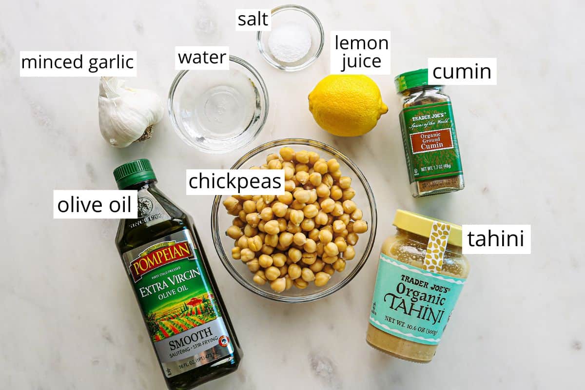 overhead view of the labeled ingredients in this Homemade Hummus Recipe