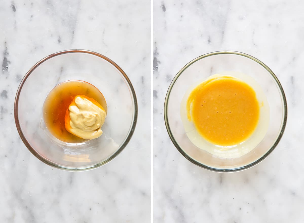 two photos showing How to Make Honey Mustard Chicken - making the honey mustard sauce