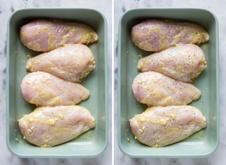 two photos showing How to Make Honey Mustard Chicken - putting chicken in a baking dish