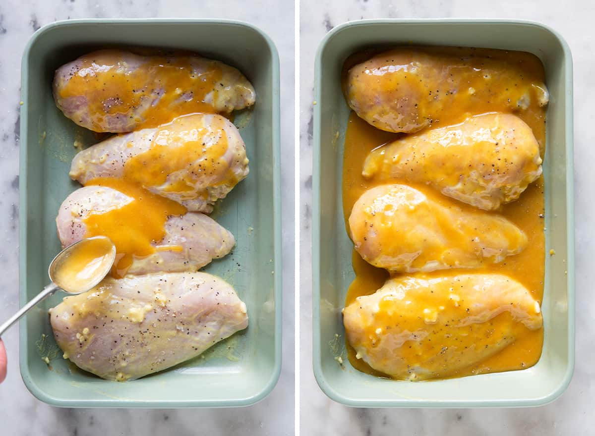 two photos showing How to Make Honey Mustard Chicken - adding honey mustard sauce to chicken in baking dish