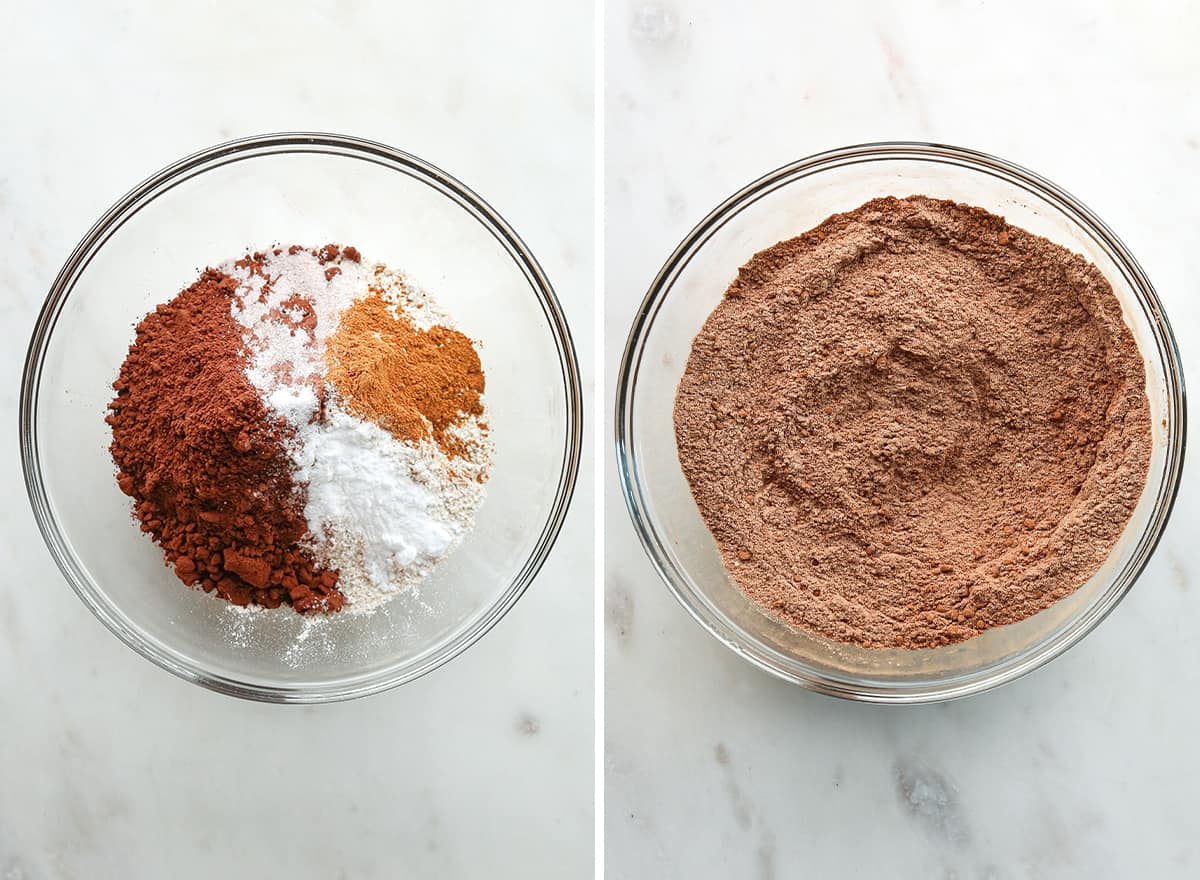 two photos showing How to make Healthy Chocolate Banana Bread - mixing dry ingredients