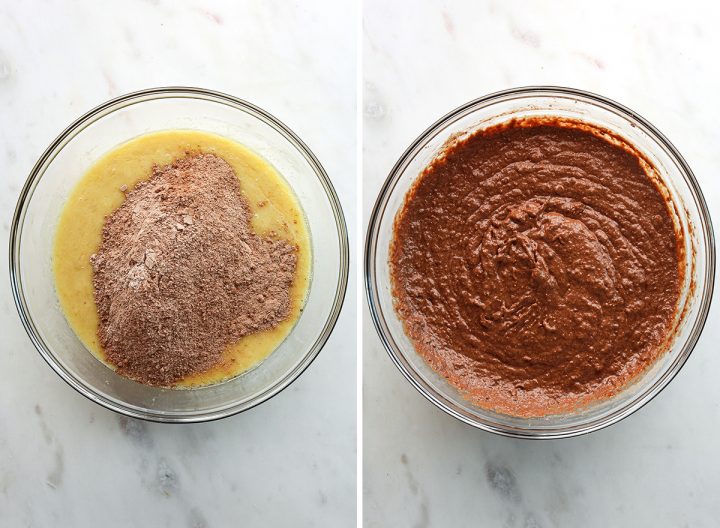 two photos showing How to make Healthy Chocolate Banana Bread - combining wet and dry ingredients