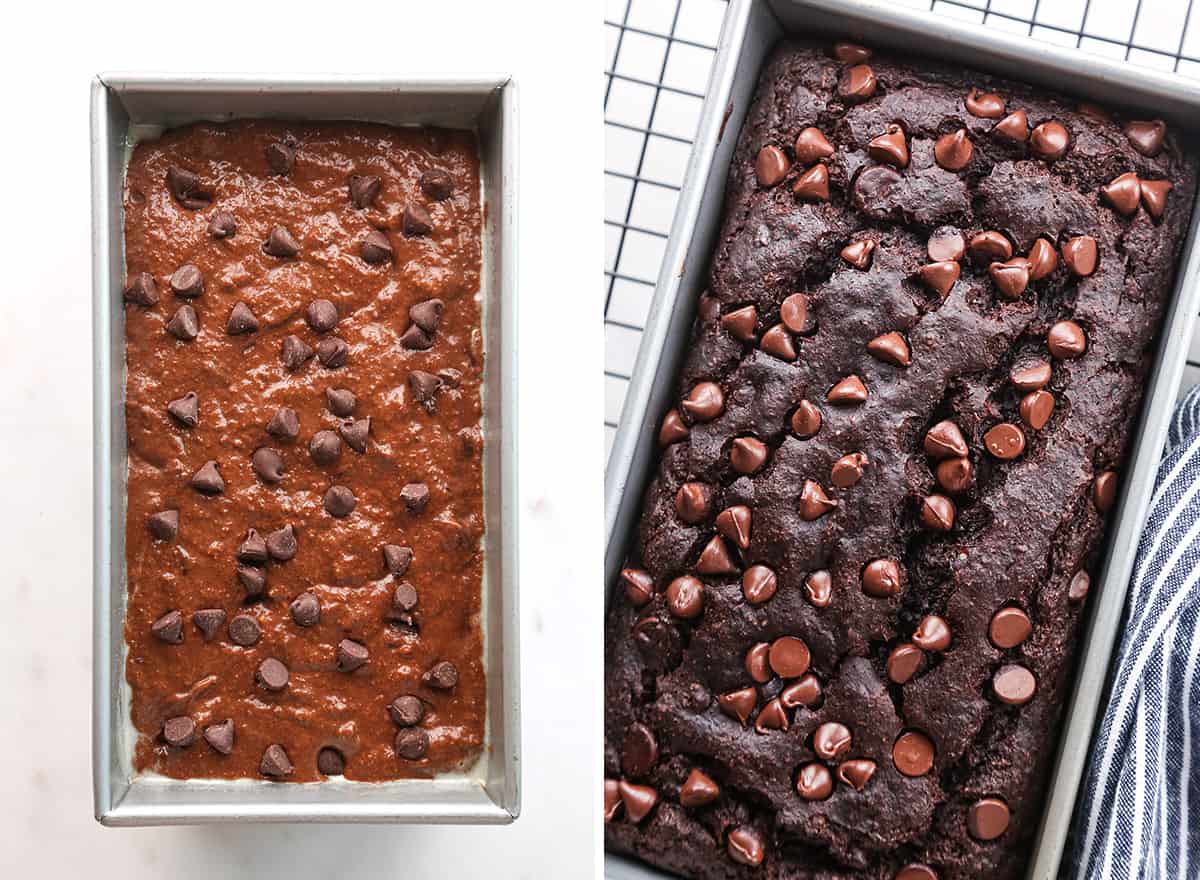 two photos showing Healthy Chocolate Banana Bread in the baking pan before and after baking.