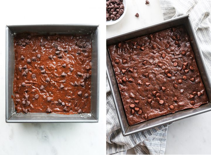 two photos showing how to make Healthy Chocolate Peanut Butter Brownies in the pan before and after baking