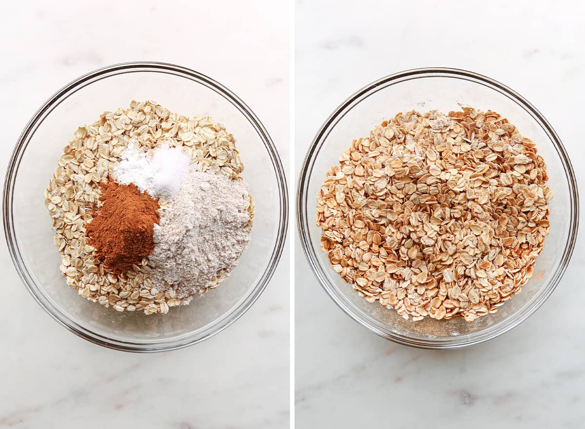 two photos showing How to Make Oatmeal Cups - combining dry ingredients