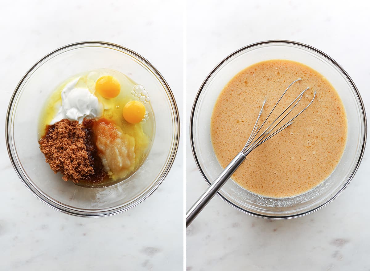 two photos showing How to Make Oatmeal Cups - whisking wet ingredients
