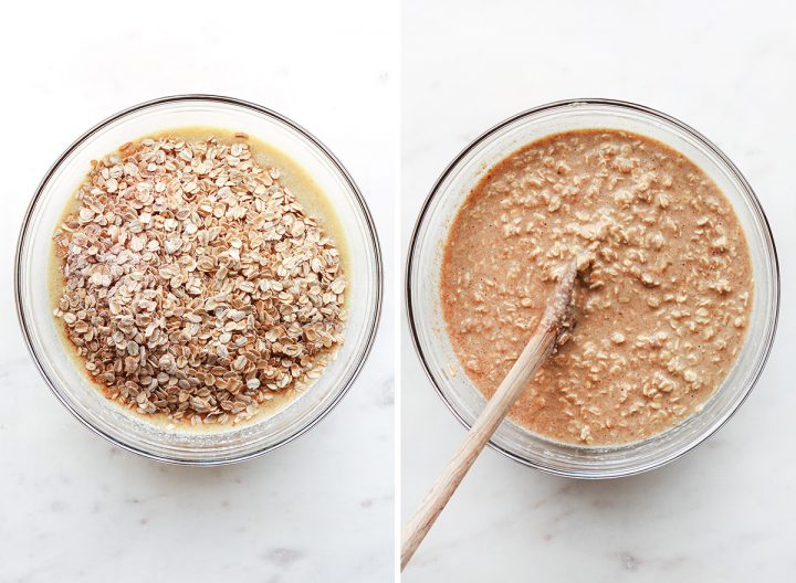 two photos showing How to Make Oatmeal Cups - combining wet and dry ingredients
