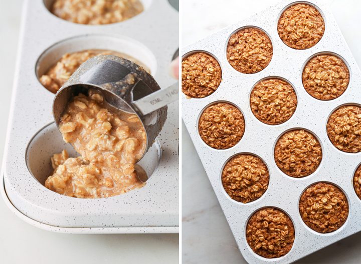 two photos showing How to Make Oatmeal Cups - a muffin tin before and after baking