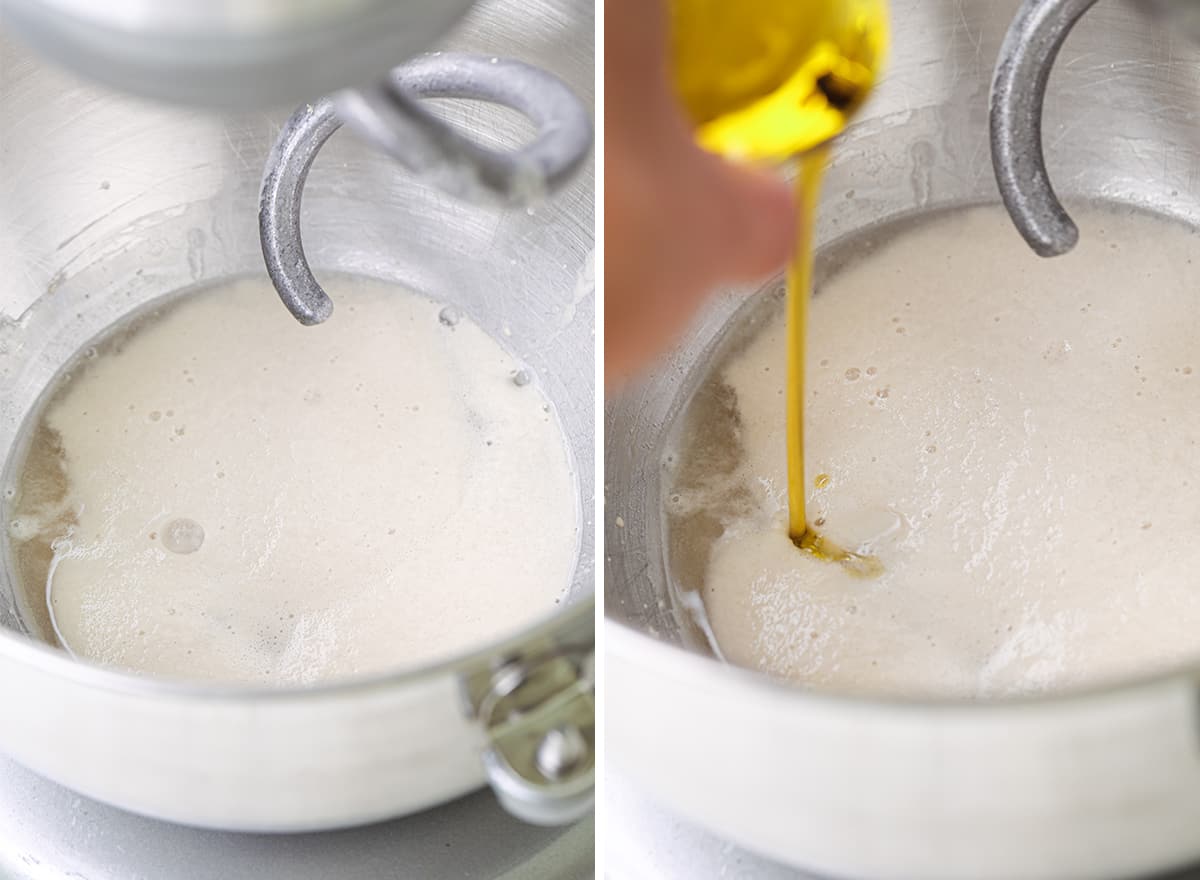 two photos showing how to make pita bread - proofed  yeast and combining wet ingredients