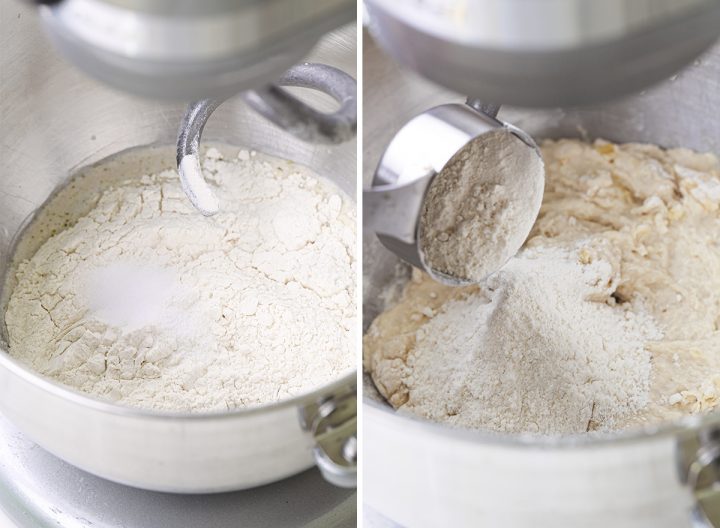 two photos showing how to make pita bread - adding flour and salt