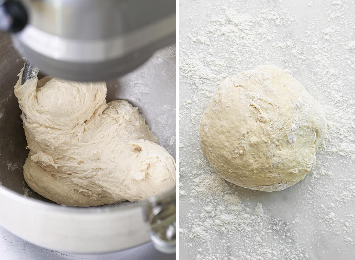 two photos showing how to make pita bread - kneading into a ball