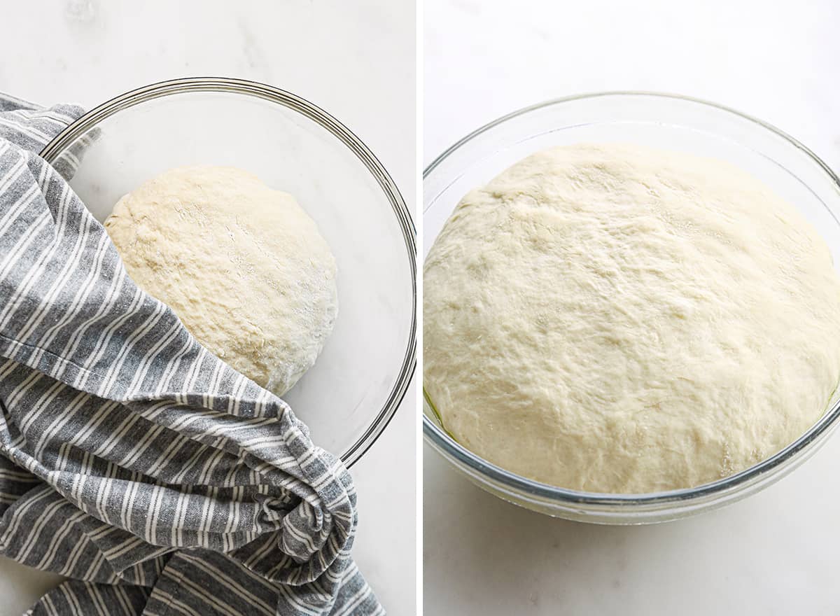 two photos showing how to make pita bread - dough in a glass bowl before and after rising