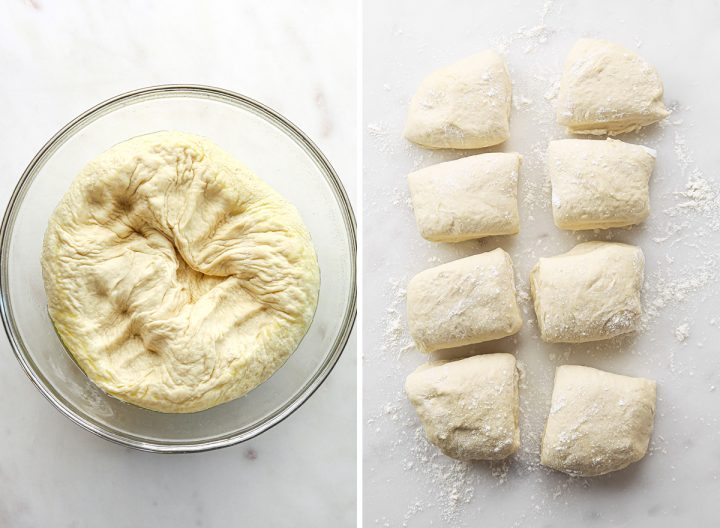 two photos showing how to make pita bread - punching down dough & dividing it into 8 pieces