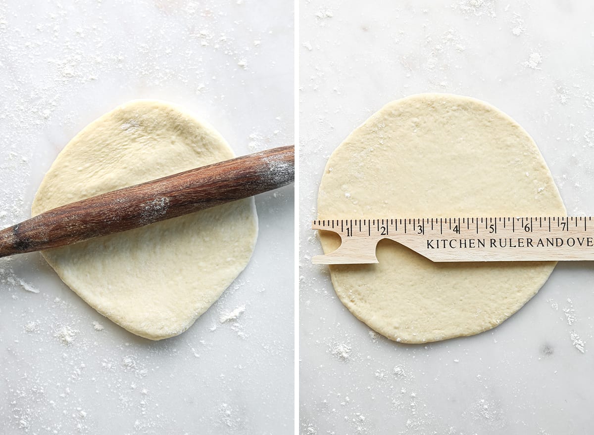 two photos showing how to make pita bread - rolling and measuring out pita dough