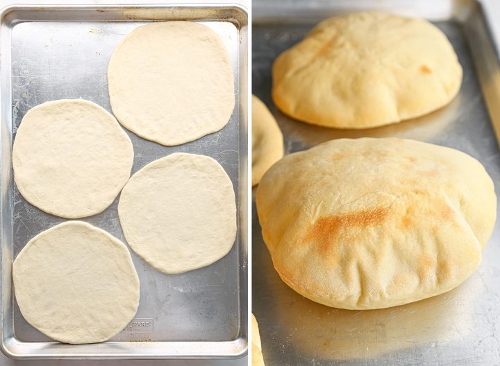 two photos showing how to make pita bread - on a baking sheet before and after baking