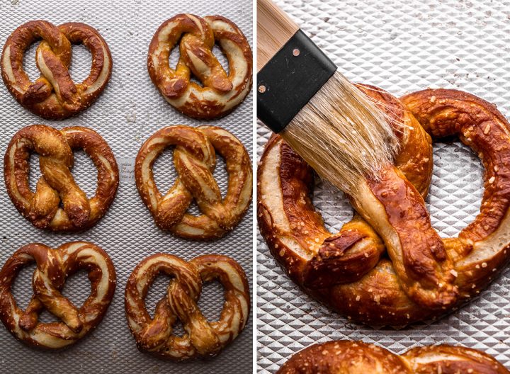 two photos showing how to make soft pretzels - baked on the baking sheet brushing butter on the top