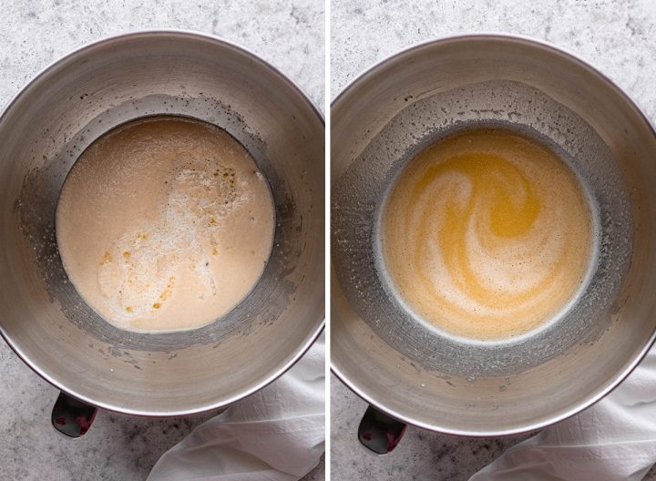 two overhead photos showing how to make this soft pretzel recipe - adding the wet ingredients 