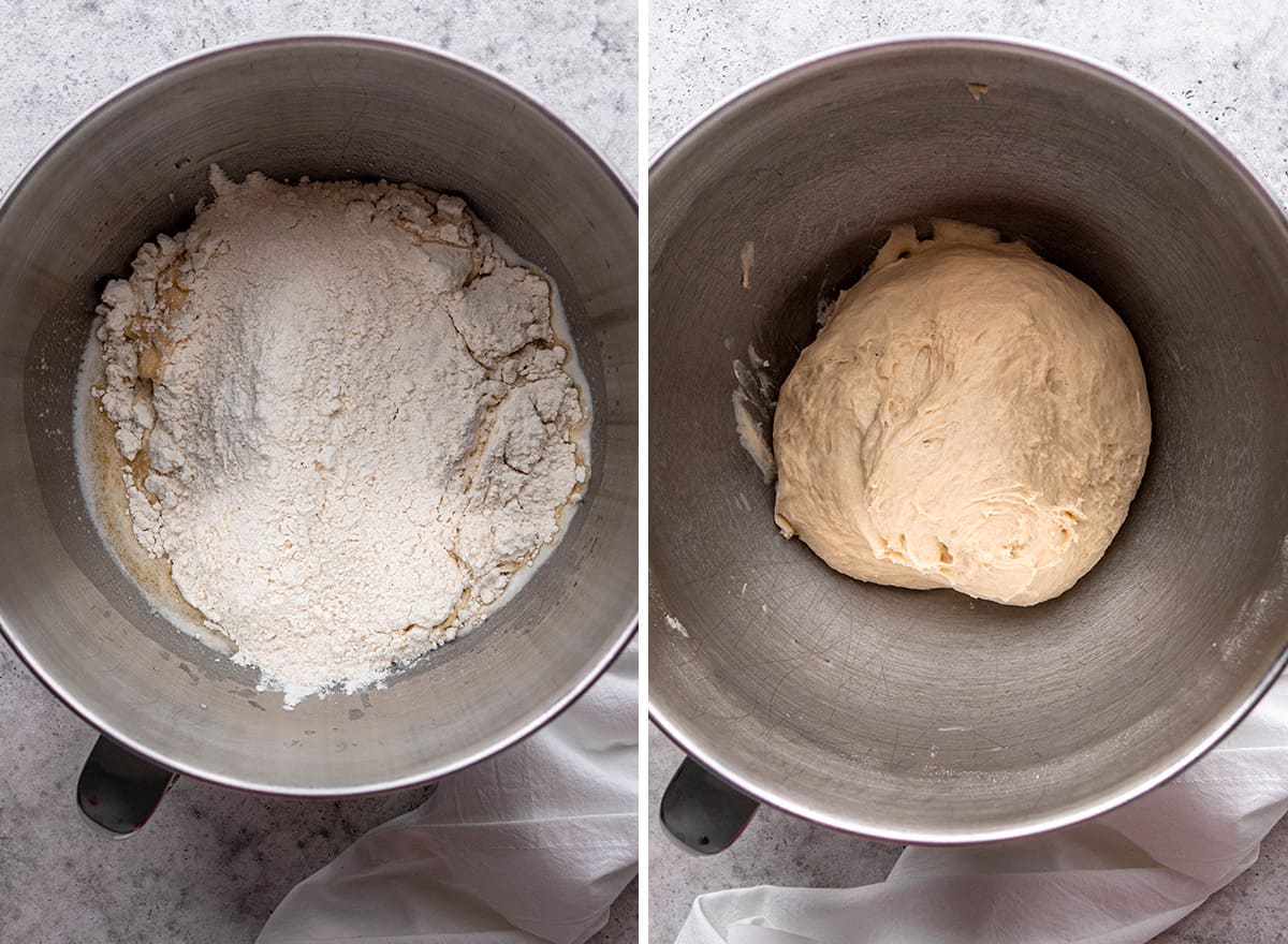 two overhead photos showing how to make this soft pretzel recipe  adding the try ingredients and forming a ball