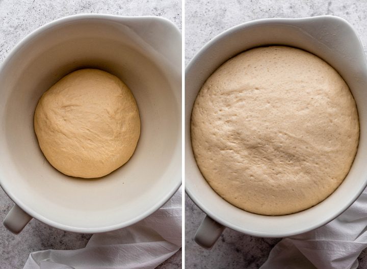 two overhead photos showing how to make this soft pretzel recipe - dough before and after rising