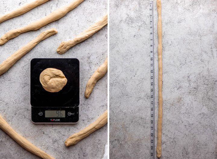 two photos showing how to make soft pretzels - measuring dough and rolling it into a rope